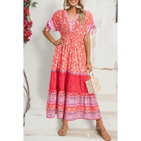 Red Floral Print Tasseled Tied Sleeve Empire Waist Maxi Dress - L