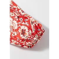 Red Colorful Floral Patchwork Long Sleeve Pleated Mini Dress - L