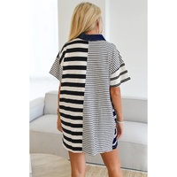 Black Stripe Half Placket Polo T Shirt Dress - L