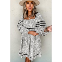 Gray Floral Print Open Back Balloon Sleeve Square Neck Mini Dress - L