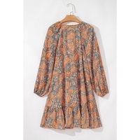 Orange Paisley Print Loose Fit Drawstring High Waist Mini Dress - L