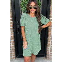 Mint Green Corded Knit Crew Neck Puff Sleeve Shift Mini Dress - L