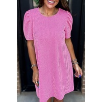 Bright Pink Corded Knit Crew Neck Puff Sleeve Shift Mini Dress - M