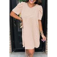 Parchment Corded Knit Crew Neck Puff Sleeve Shift Mini Dress - L
