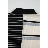 Black Stripe Colorblock Knit Henley Collar Shift Long Sleeve Mini Dress - S