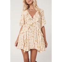 Apricot Boho Floral Tassel Tie V Neck Ruffle Wide Sleeve Mini Dress - M