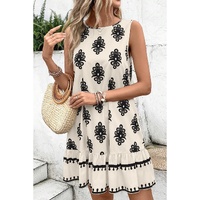 Beige Geometric Printed Sleeveless Hollowed Bowknot Back Mini Dress - L