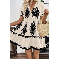 Black Vintage Print V Neck High Waist Short Sleeve Dress - S