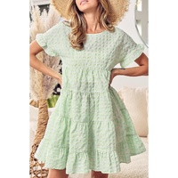 Green Stripe Textured Tiered Short Sleeve Loose Mini Dress - S