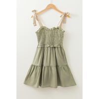 Laurel Green Smocked Bodice Self-tie Straps A-line Ruffled Mini Dress - L