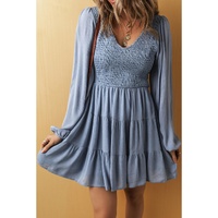 Ashleigh Blue Long Sleeve V Neck Smocked Tiered Mini Dress - L