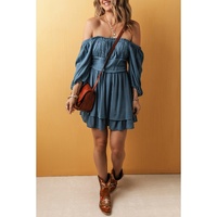 Real Teal Frilled Neckline 3/4 Sleeve Layered Ruched Mini Dress - L