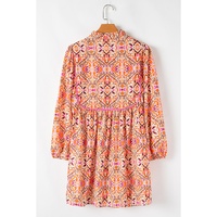 Khaki Abstract Printed Long Sleeve Tied Neckline Mini Dress - L