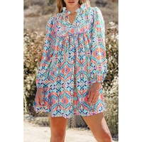 Sky Blue Abstract Printed Long Sleeve Tied Neckline Mini Dress - M