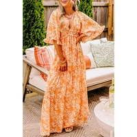 Orange Floral Print Smocked V Neck Wide Sleeve Maxi Dress - L
