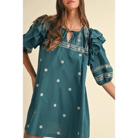 Skobeloff Boho Floral Ruffle Puff Sleeve Lace-up V Neck Mini Dress - M