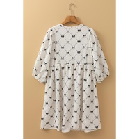 White Bowtie Pattern Textured Puff Half Sleeve Loose Mini Dress - M