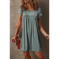 Mist Green Frilled Gathered Seam Round Neck T Shirt Dress - L
