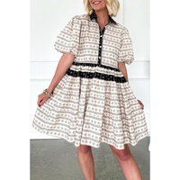 Black Boho Floral Striped Contrast Trim Bubble Sleeve Flared Dress - L