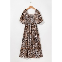 Brown Leopard Print Bubble Sleeve Square Neck Maxi Dress - L