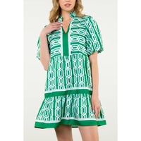 Bright Green Abstract Patterned V Neck Puff Short Sleeve Mini Dress - L