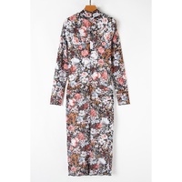 Brown Floral Allover Print Mock Neck Bodycon Long Sleeve Midi Dress - L