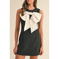 Black Contrast Bowknot Applique Crew Neck Sleeveless Mini Dress - L