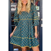 Skobeloff Floral Contrast Trim Square Neck Puff Sleeve Dress - L