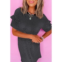 Black Stripe Ruffled Short Sleeve Crew Neck T Shirt Shift Mini Dress - M