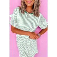 Green Stripe Ruffled Short Sleeve Crew Neck T Shirt Shift Mini Dress - XL