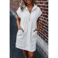 White Textured Half Zip Collared Cap Sleeve Mini Dress - S