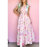 Pink Floral Print Knotted Shoulder Smocked Maxi Dress - L