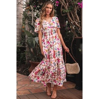 Red Floral Short Sleeve V Neck High Waist Maxi Dress - L