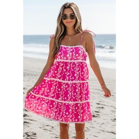 Pink Floral Print Ric Rac Patched Sleeveless Mini Dress - L