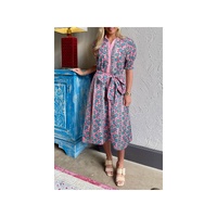 Pink Floral Shirred Puff Sleeve Buttoned Front Midi Dress with Sash - L