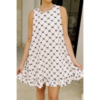 White Bow Checker Pearled Buttons Back Ruffled Sleeveless Mini Dress - L