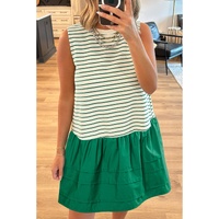 Green Stripe Woven Ruffled Sleeveless Mini Dress - M