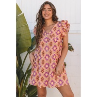Orange Geometric Floral V Neck Buttoned Ruffled Sleeve Mini Dress - L