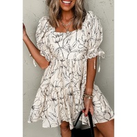 Beige Floral Print Square Neck Shirred Back Puff Sleeve Mini Dress - L