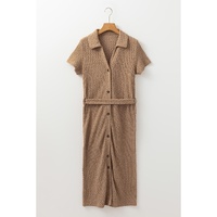 Buckskin Short Sleeve Textured Button Up Tie Waist Long Dress - S