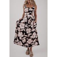 Black Floral Cutout Square Neck Knot Back Sleeveless Maxi Dress - L