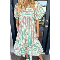 Multicolour Striped Floral Print Tie Split Neck Puff Sleeve Midi Dress - XL