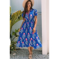 Sky Blue Floral Puff Short Sleeve V Neck High Waist Maxi Dress - L