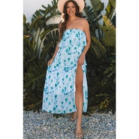 Green Floral Print Ruffled Side Slit Tube Top Maxi Dress - XL