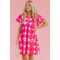 Rose Polka Dot Flutter Sleeve Notched Neck Tiered Flowy Dress - M