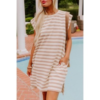 Khaki Stripe Round Neck Sleeveless Casual Pocketed Mini Dress - L
