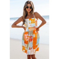 Orange Seashell Patchwork Print Self-tie Flowy Sundress - XL