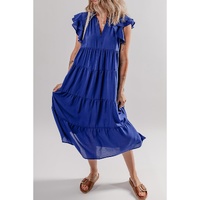 Bluing Ruffled Short Sleeve Collared V Neck Tiered Midi Dress - M