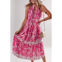 Rose Floral Sleeveless Tasseled Lace-up Neck Tiered Midi Dress - XL
