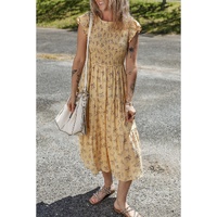 Yellow Boho Floral Print Ruffle Smocked Flowy Summer Dress - S